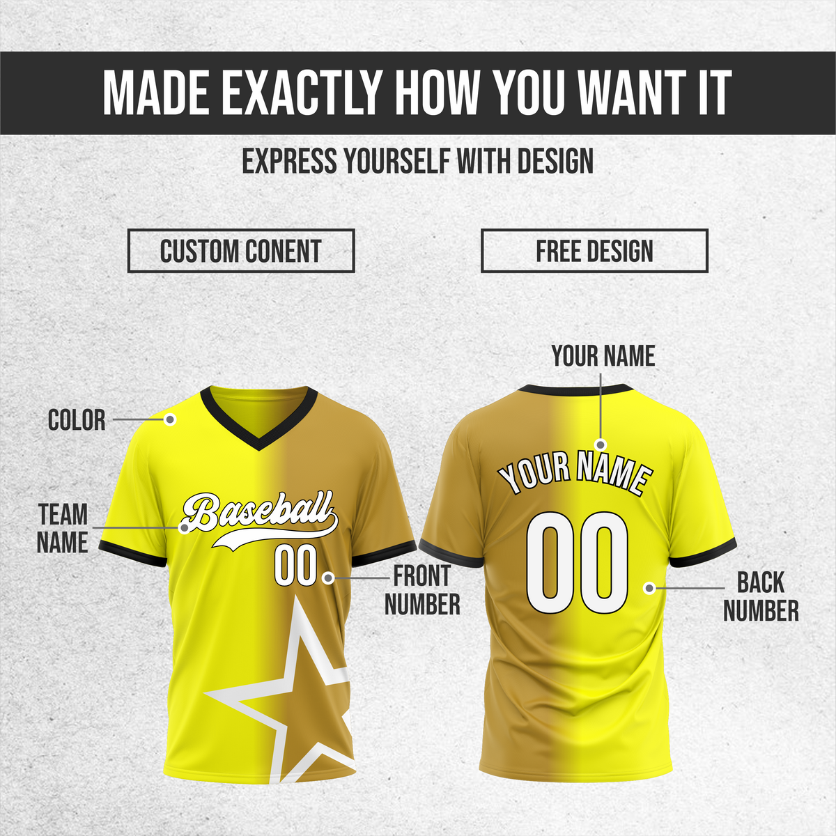 Custom Starlight Fade Baseball Yellow Sports Jersey Personalized Uniform with Name & Number