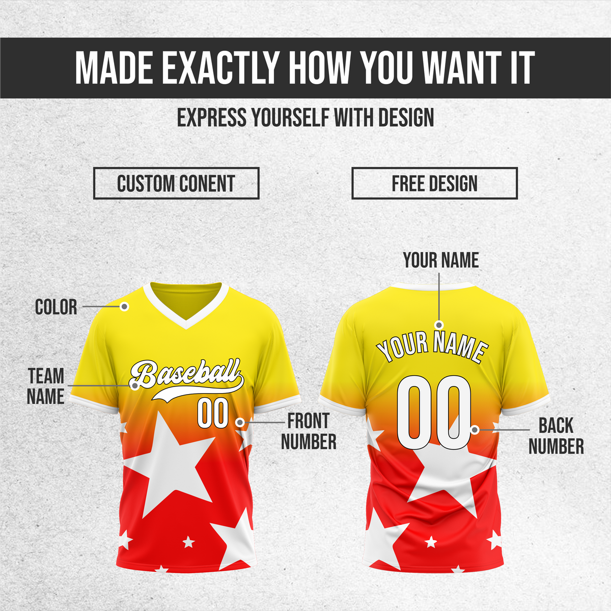 Custom Starlight Gradient Baseball Yellow Sports Jersey Personalized Uniform with Name & Number