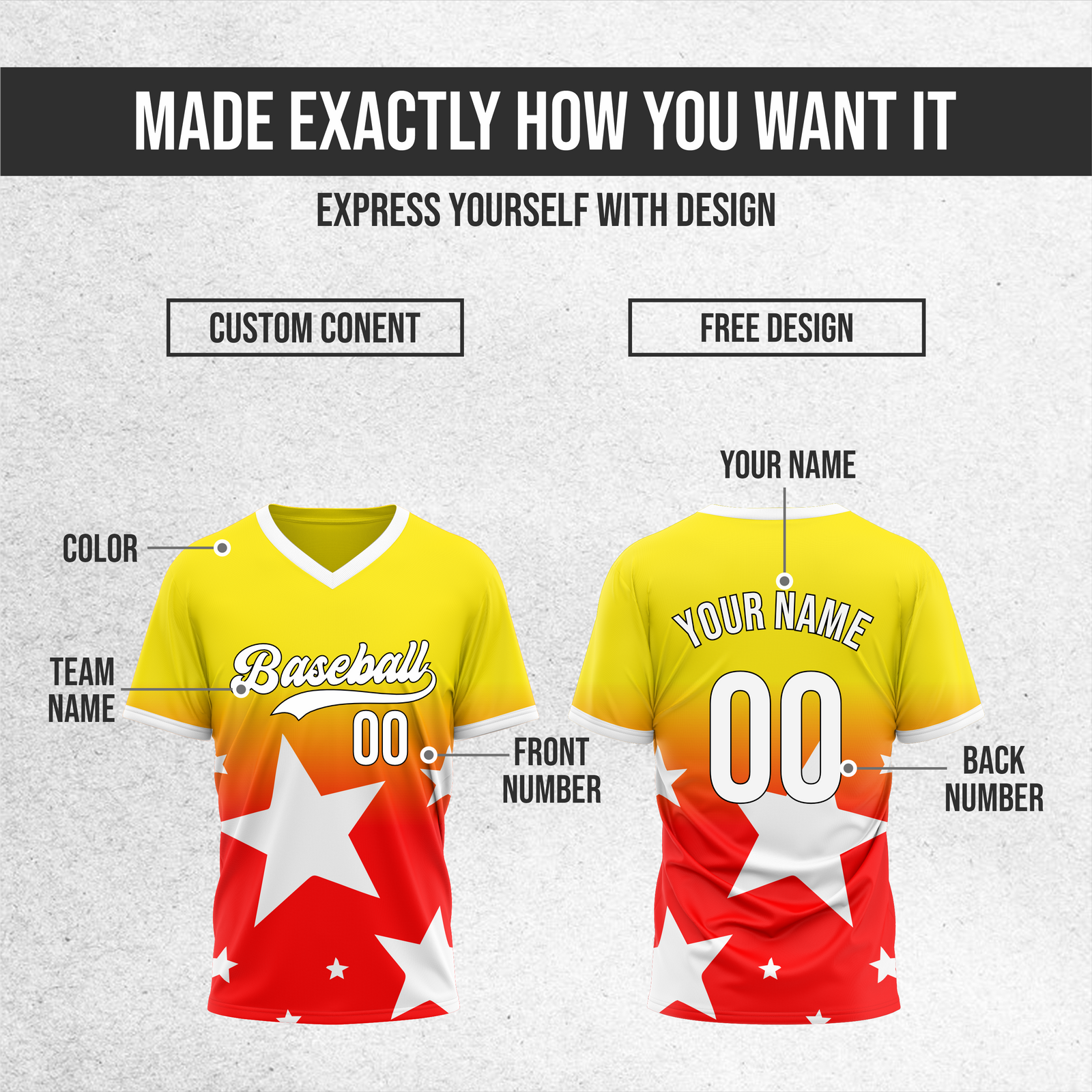Custom Starlight Gradient Baseball Yellow Sports Jersey Personalized Uniform with Name & Number