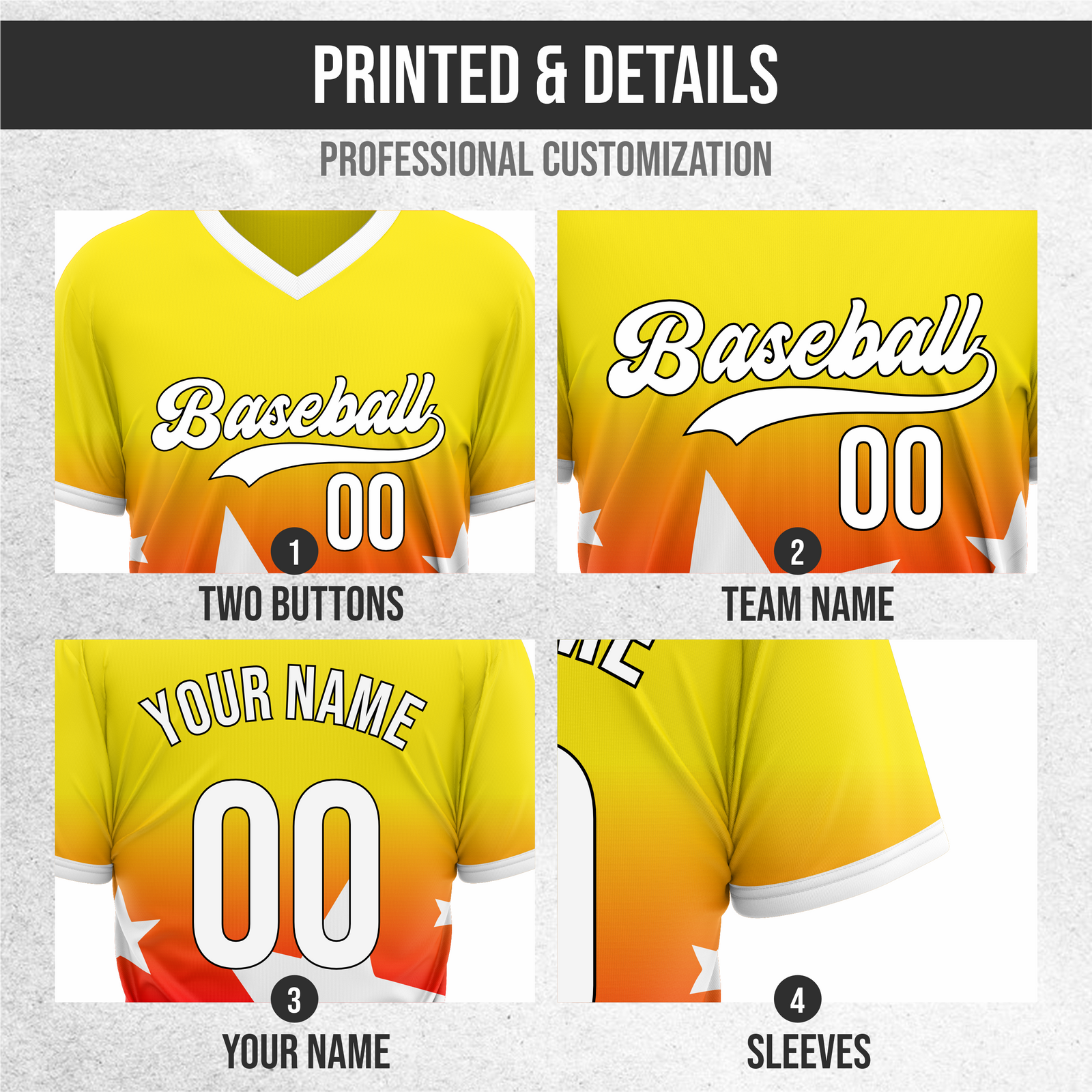 Custom Starlight Gradient Baseball Yellow Sports Jersey Personalized Uniform with Name & Number