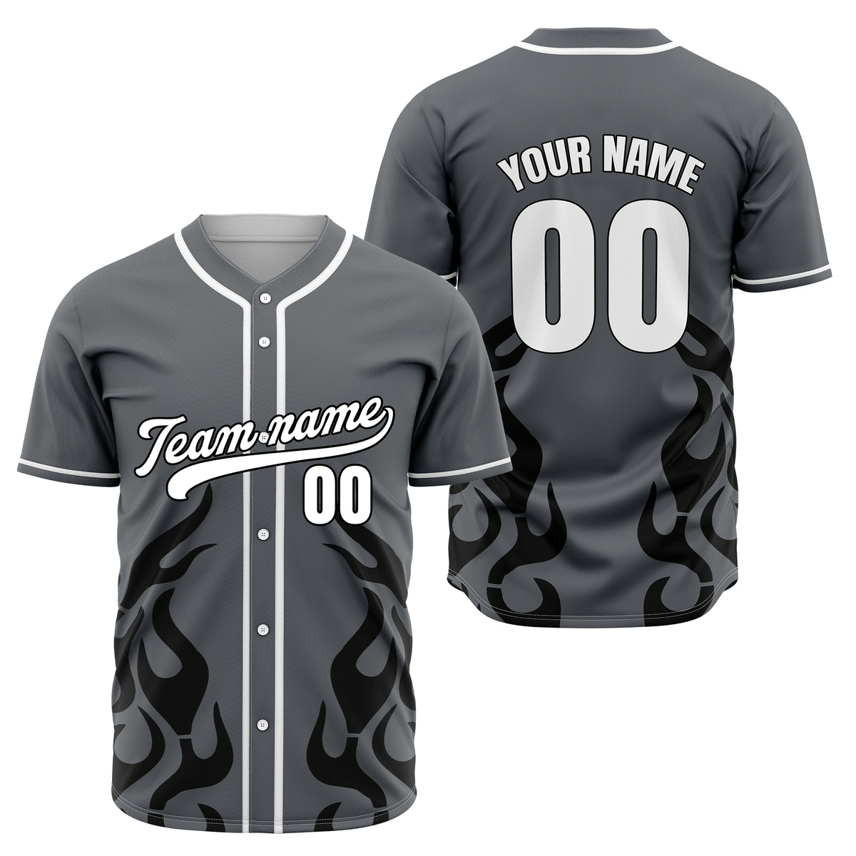 Custom Shadow Flames Dark Grey Baseball Sports Jersey Personalized Uniform with Name &amp; Number