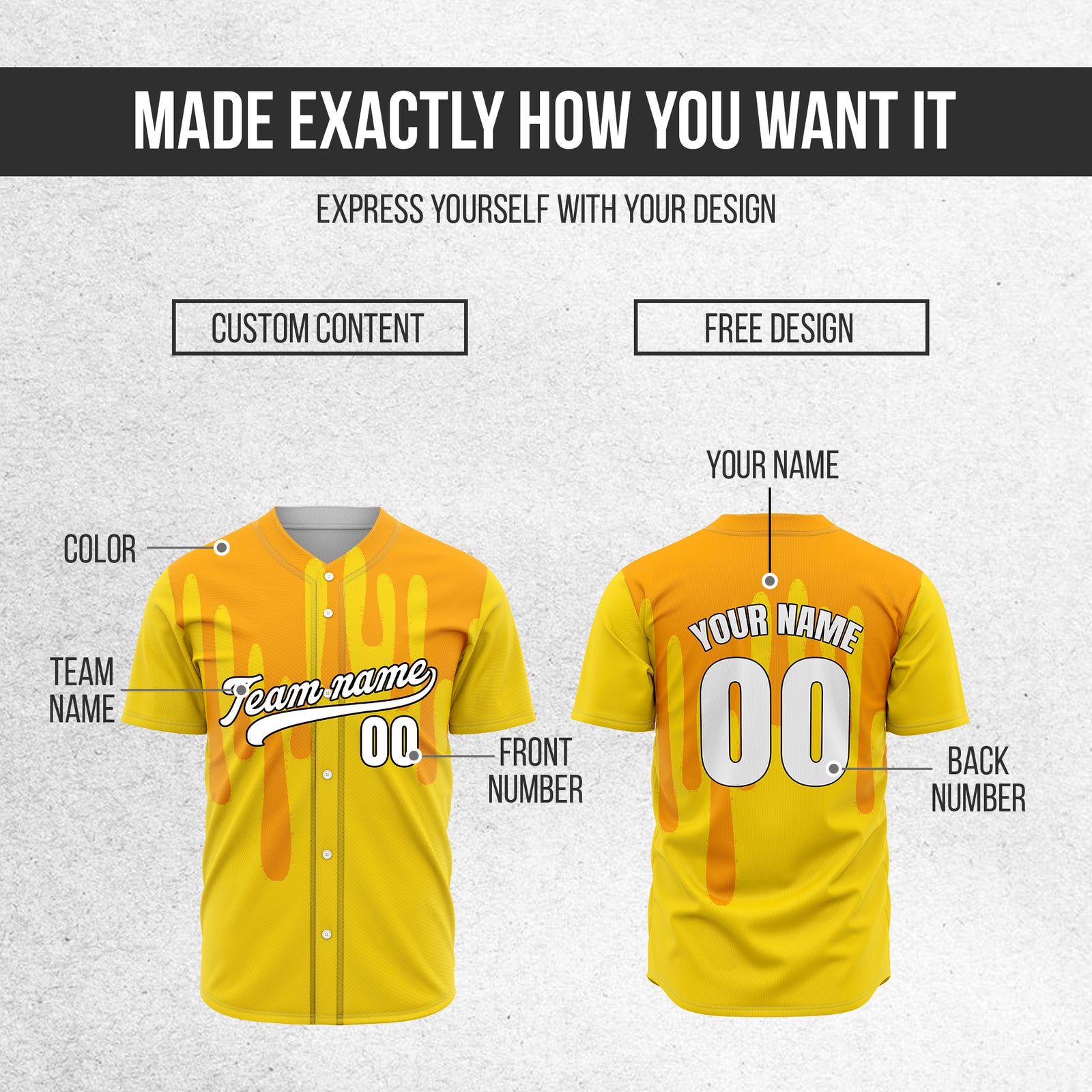 Custom Ink Drip Yellow Sports Jersey Personalized Uniform with Name & Number