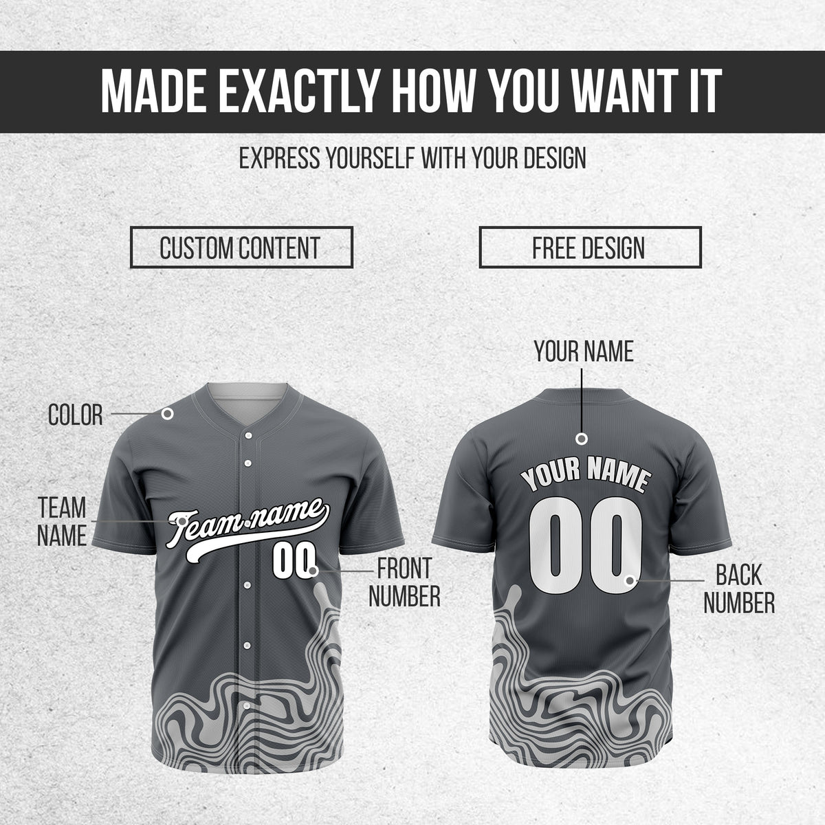 Custom Wave Dark Grey Baseball Sport Jersey Personalized Uniform with Name & Number