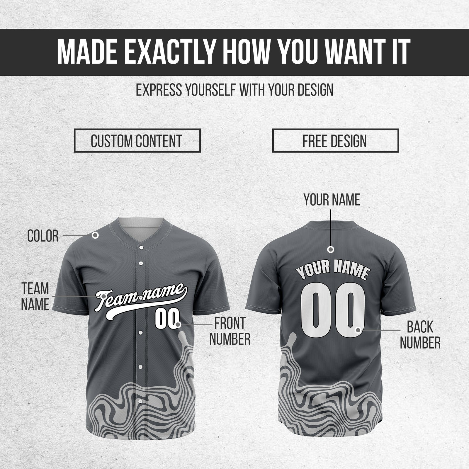 Custom Wave Dark Grey Baseball Sport Jersey Personalized Uniform with Name & Number