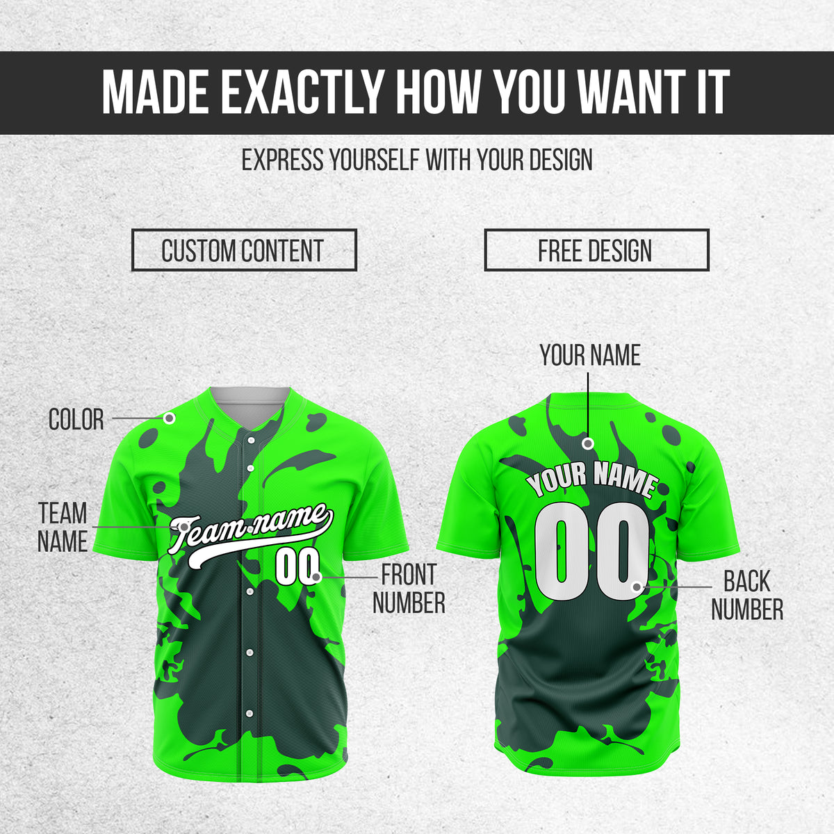Custom Ink Splash Neon Baseball Green Sports Jersey Personalized Uniform with Name & Number