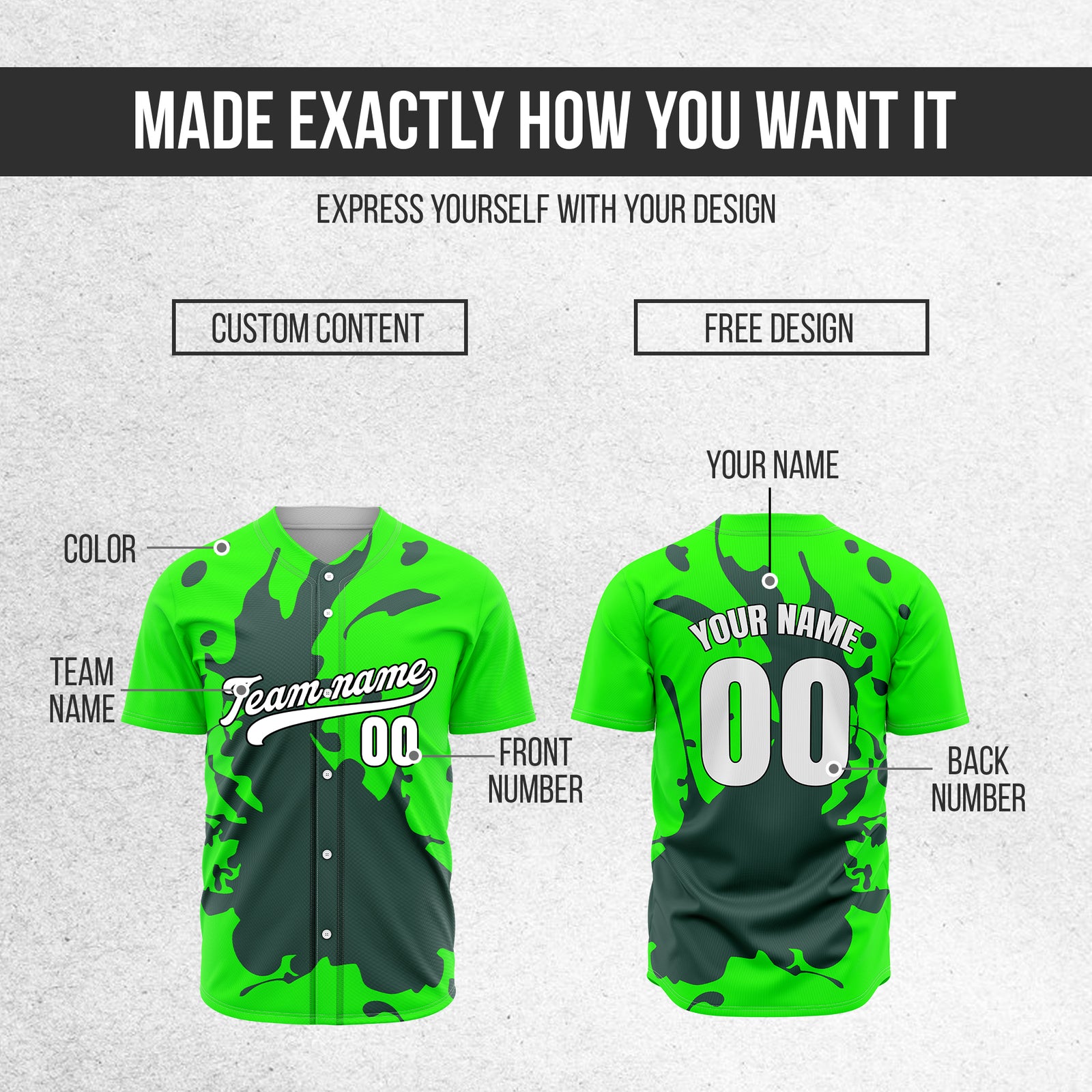 Custom Ink Splash Neon Baseball Green Sports Jersey Personalized Uniform with Name & Number