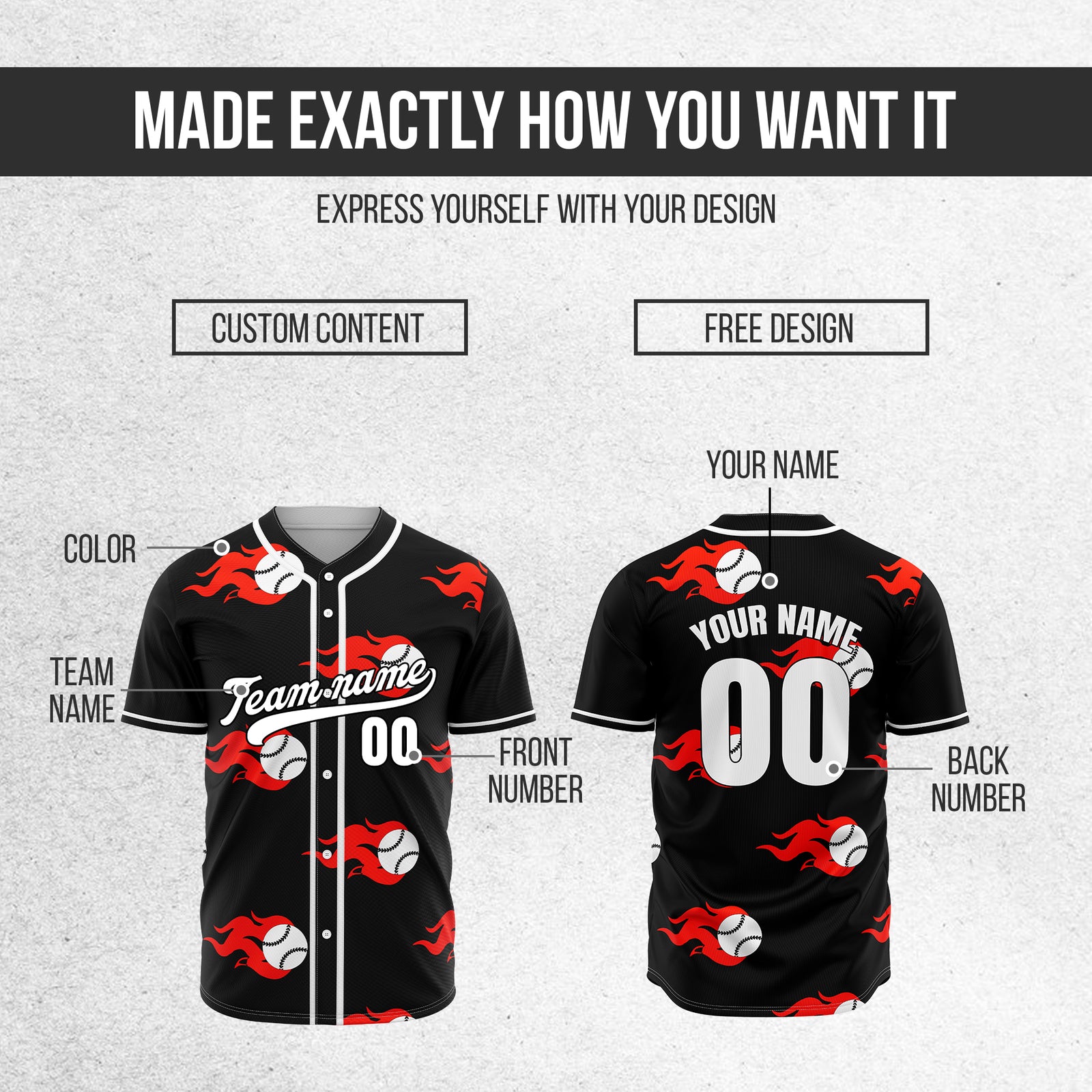 Custom Fireballers Black Baseball Sports Jersey Personalized Uniform with Name & Number