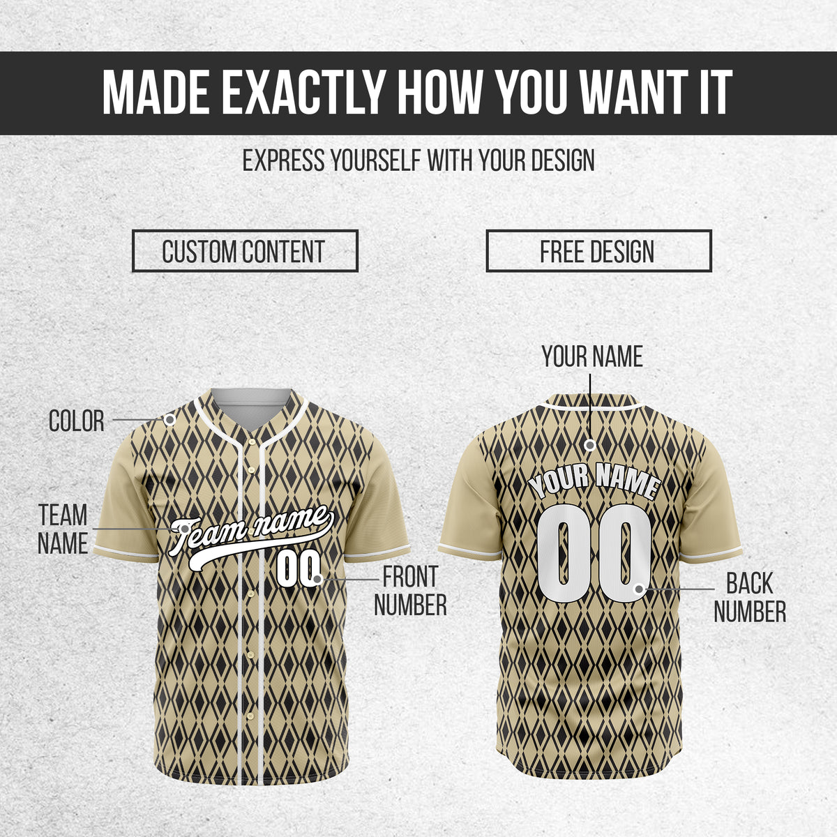 Custom Rhombic Edge Khaki Baseball Sports Jersey Personalized Uniform with Name & Number