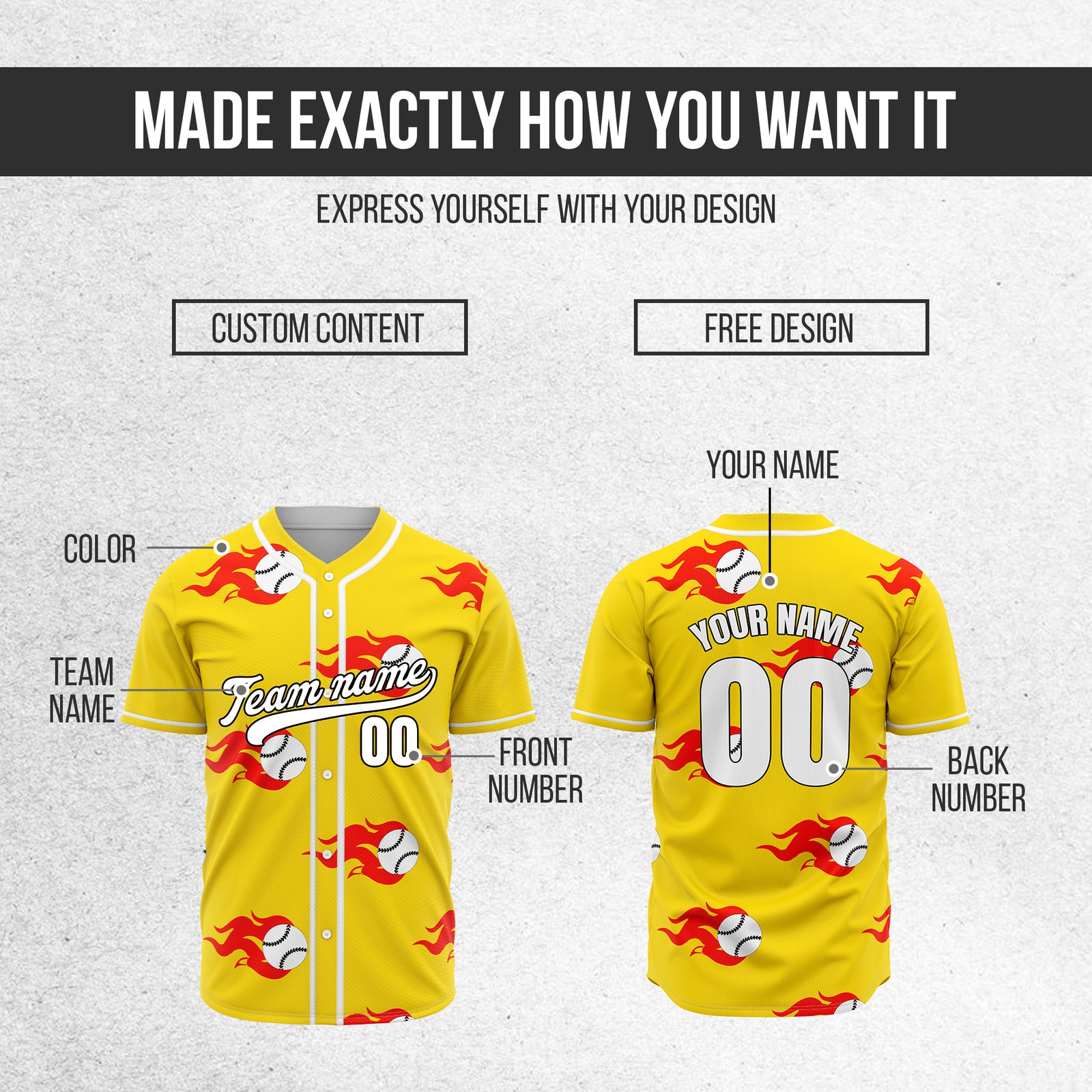 Custom Fireballers Yellow Baseball Sports Jersey Personalized Uniform with Name & Number