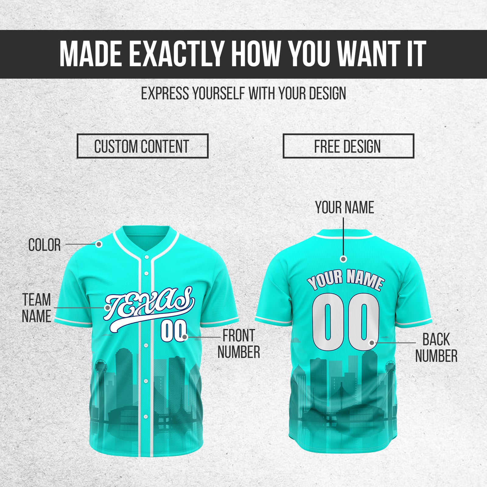 Custom City Lights Aqua Baseball Sports Jersey Personalized Uniform with Name & Number