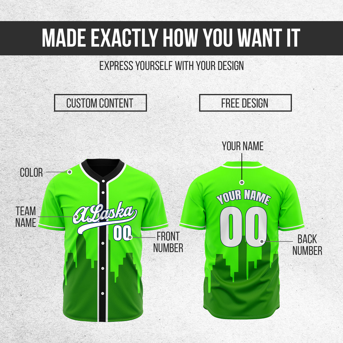 Custom City Horizon Neon Green Baseball Sports Jersey Personalized Uniform with Name & Number