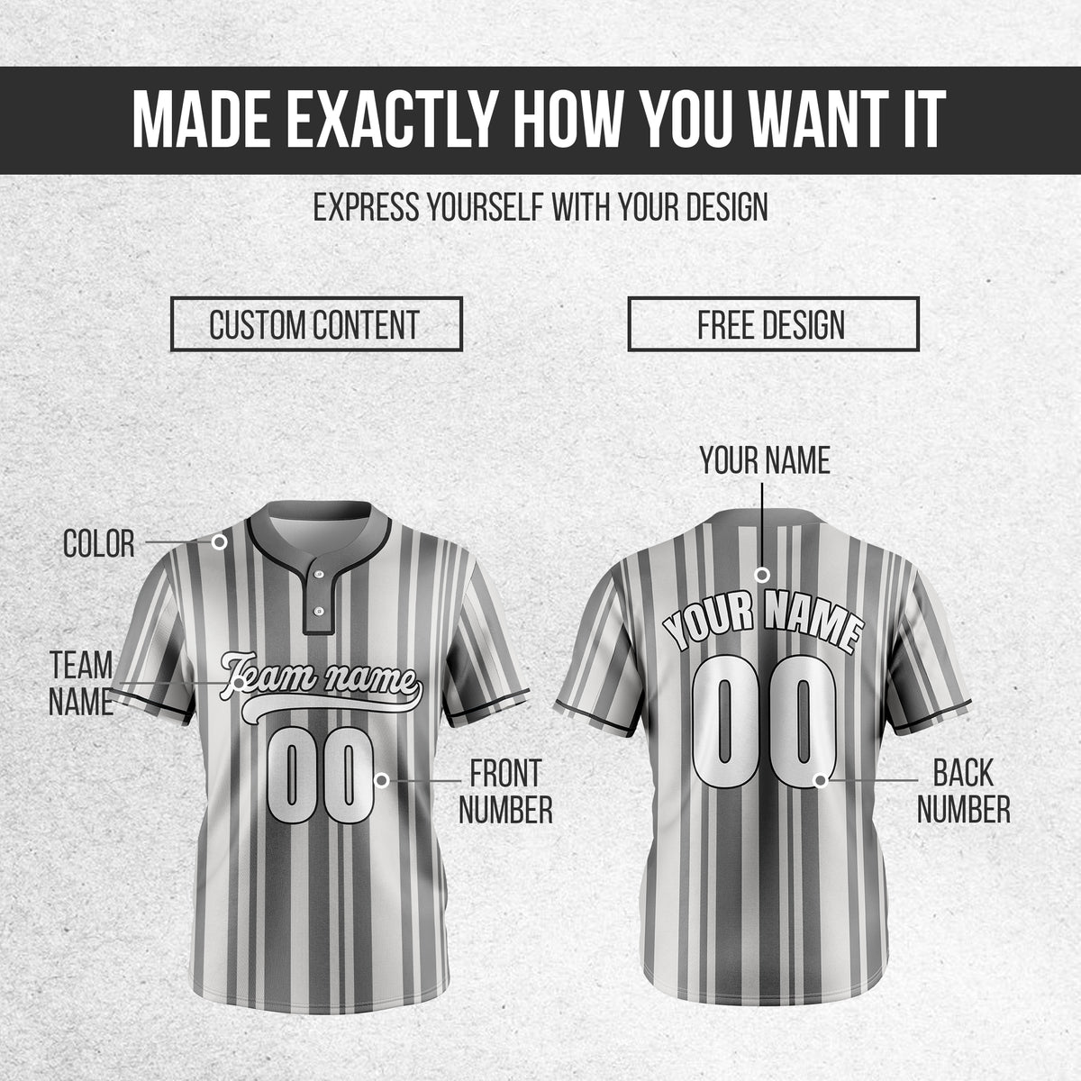 Custom Stripe Fusion Grey Baseball Sports Jersey Personalized Uniform with Name & Number