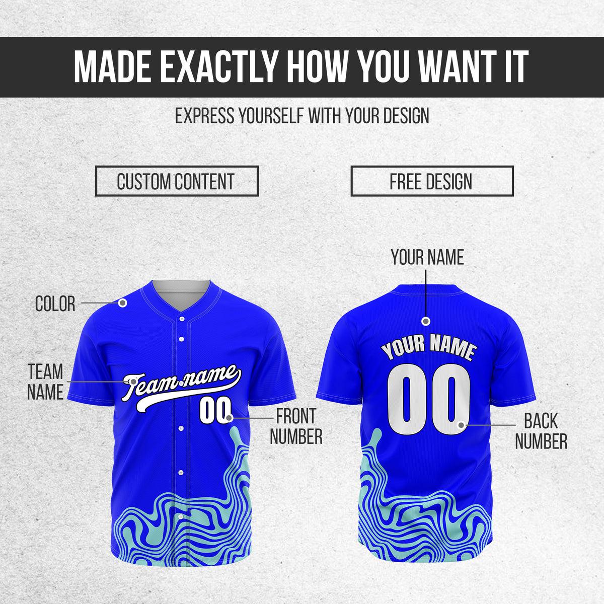 Custom Wave Blue Baseball Sport Jersey Personalized Uniform with Name & Number
