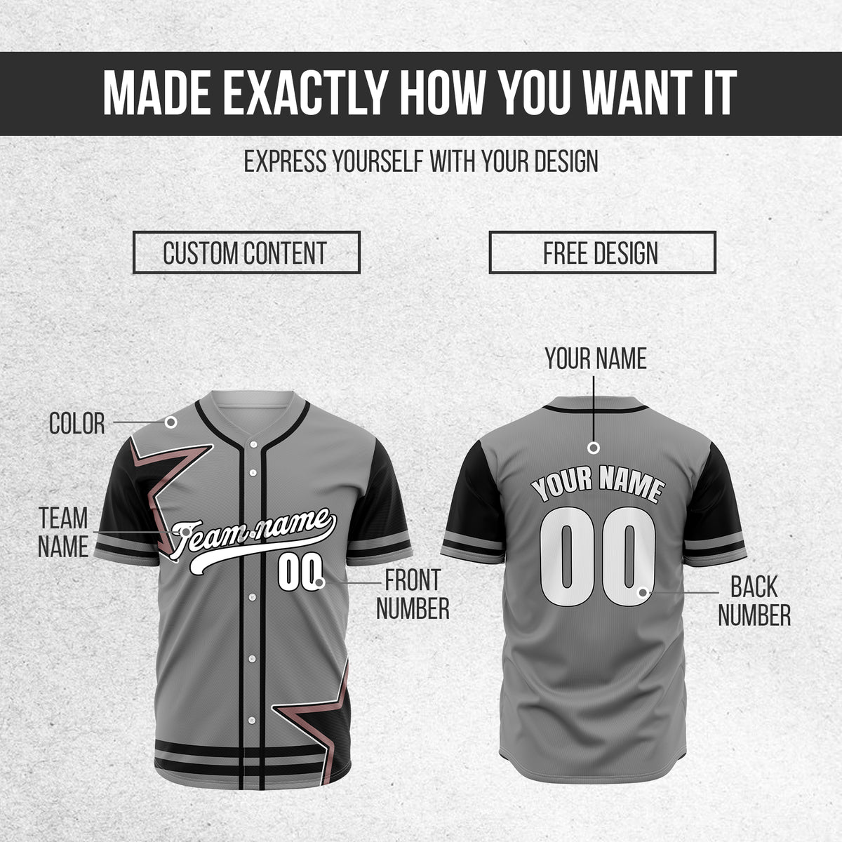 Custom Star Classic Baseball Grey Sports Jersey Personalized Uniform with Name & Number