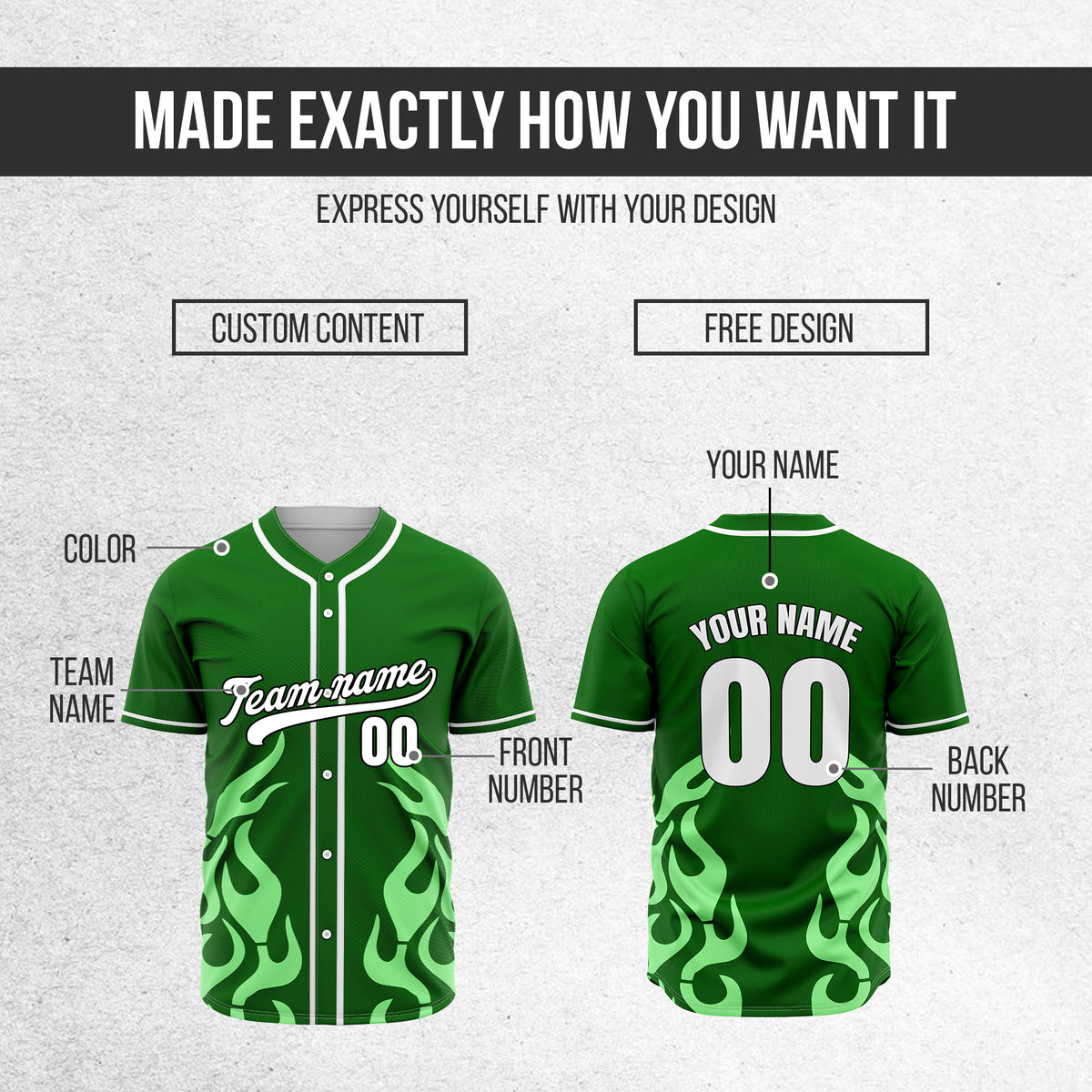 Custom Shadow Flames Green Baseball Sports Jersey Personalized Uniform with Name & Number