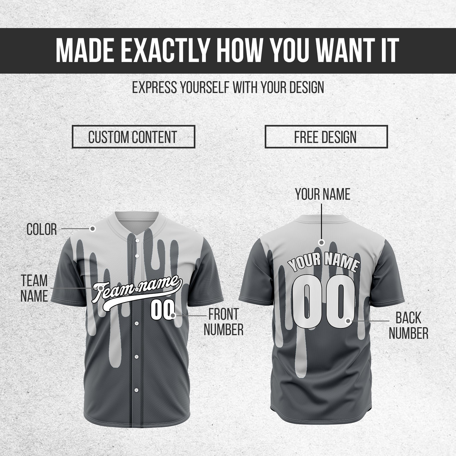Custom Ink Drip Dark Grey Sports Jersey Personalized Uniform with Name & Number