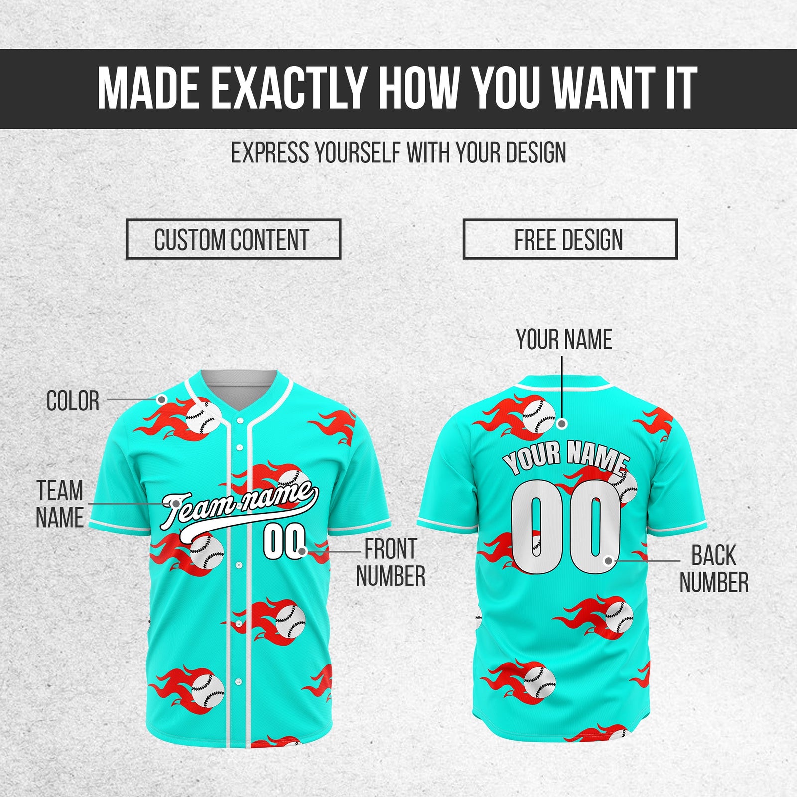 Custom Fireballers Aqua Baseball Sports Jersey Personalized Uniform with Name & Number