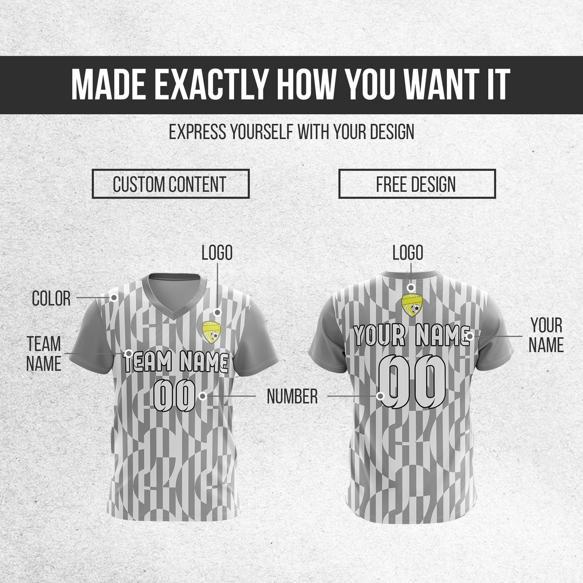 Custom Pulse Grid V-Full Pattern Grey Soccer sport Tops Jersey