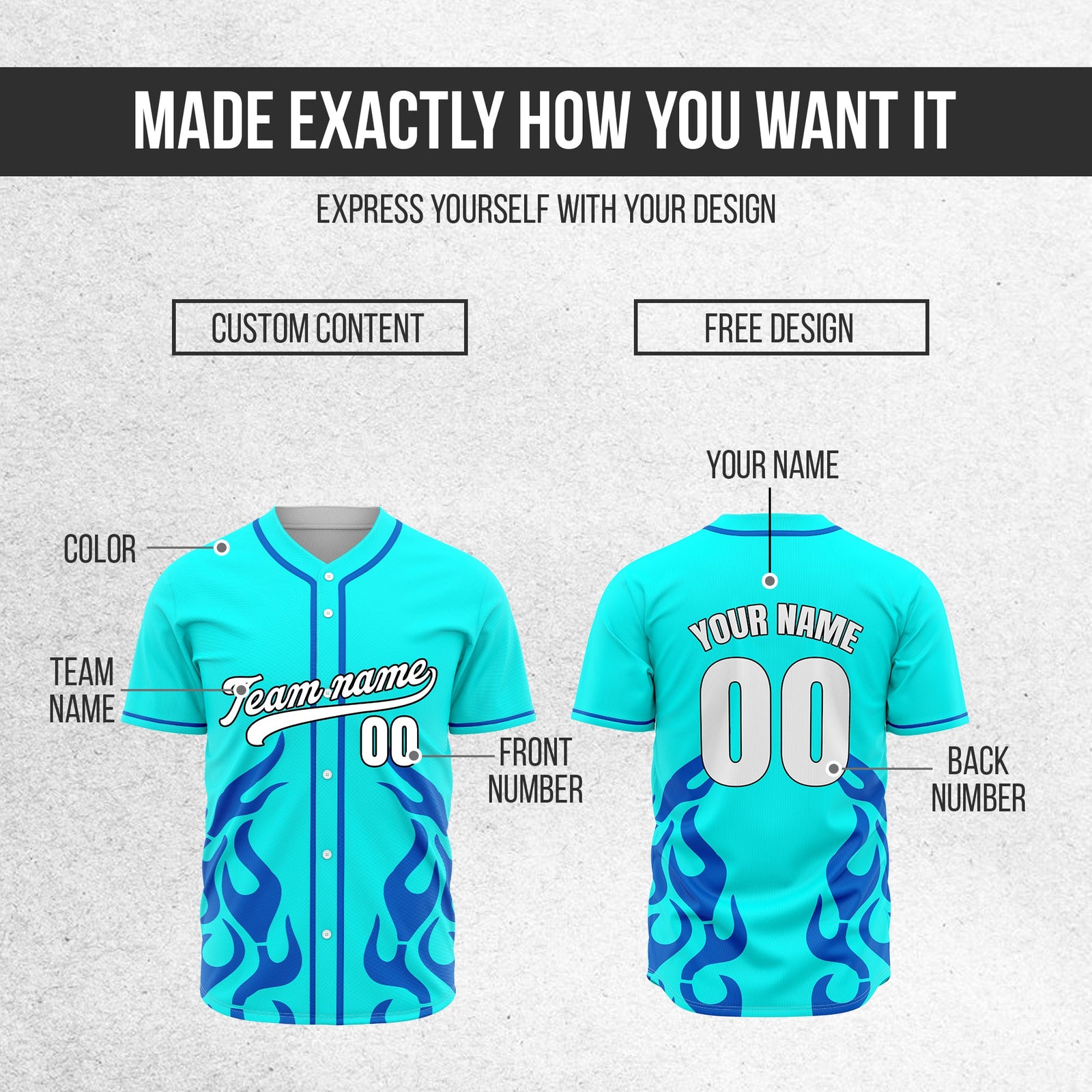 Custom Shadow Flames Aqua Baseball Sports Jersey Personalized Uniform with Name & Number