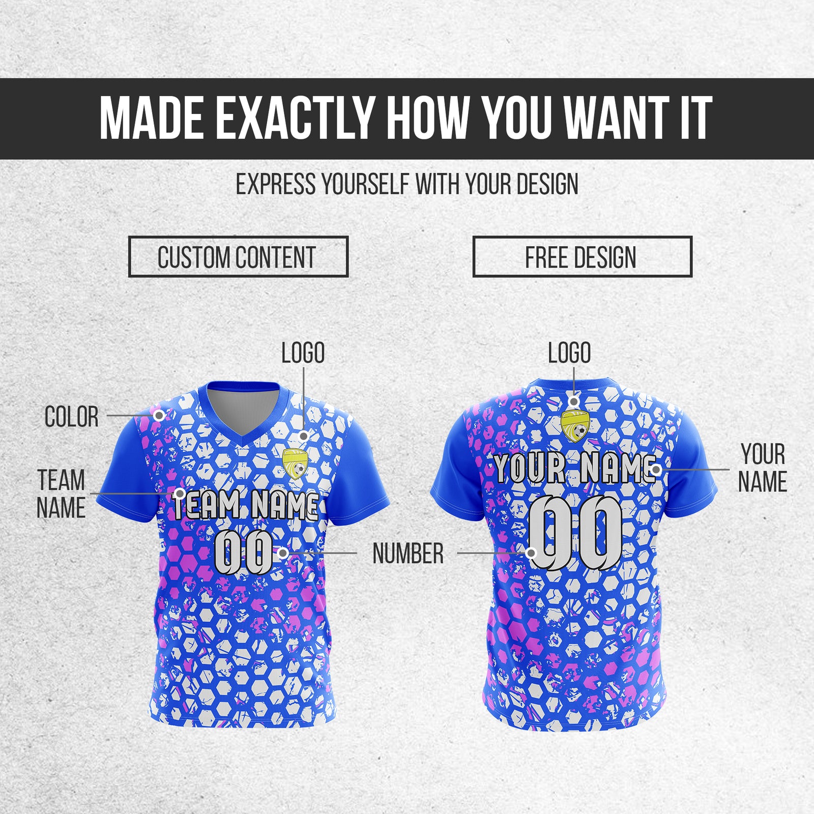 Custom Hex V-Full Pattern Blue Soccer sport Tops Jersey