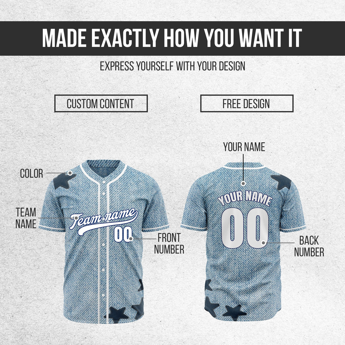 Custom Denim Star Pro Baseball Sports Jersey Personalized Uniform with Name & Number