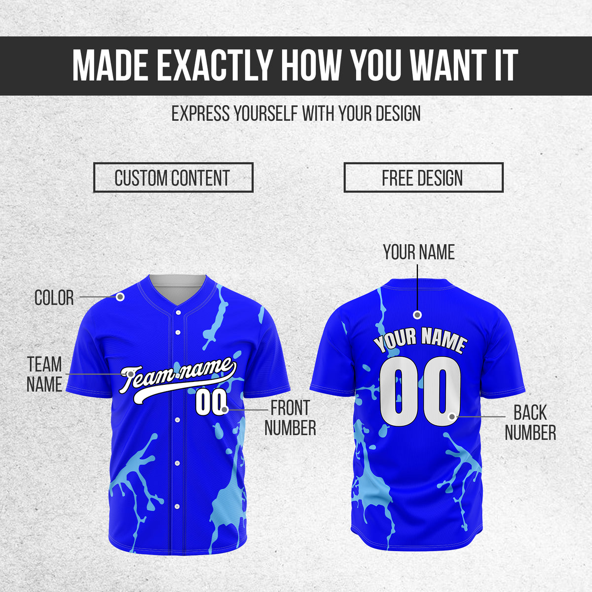 Custom Ink Paint Pop Blue Baseball Sports Jersey Personalized Uniform with Name & Number