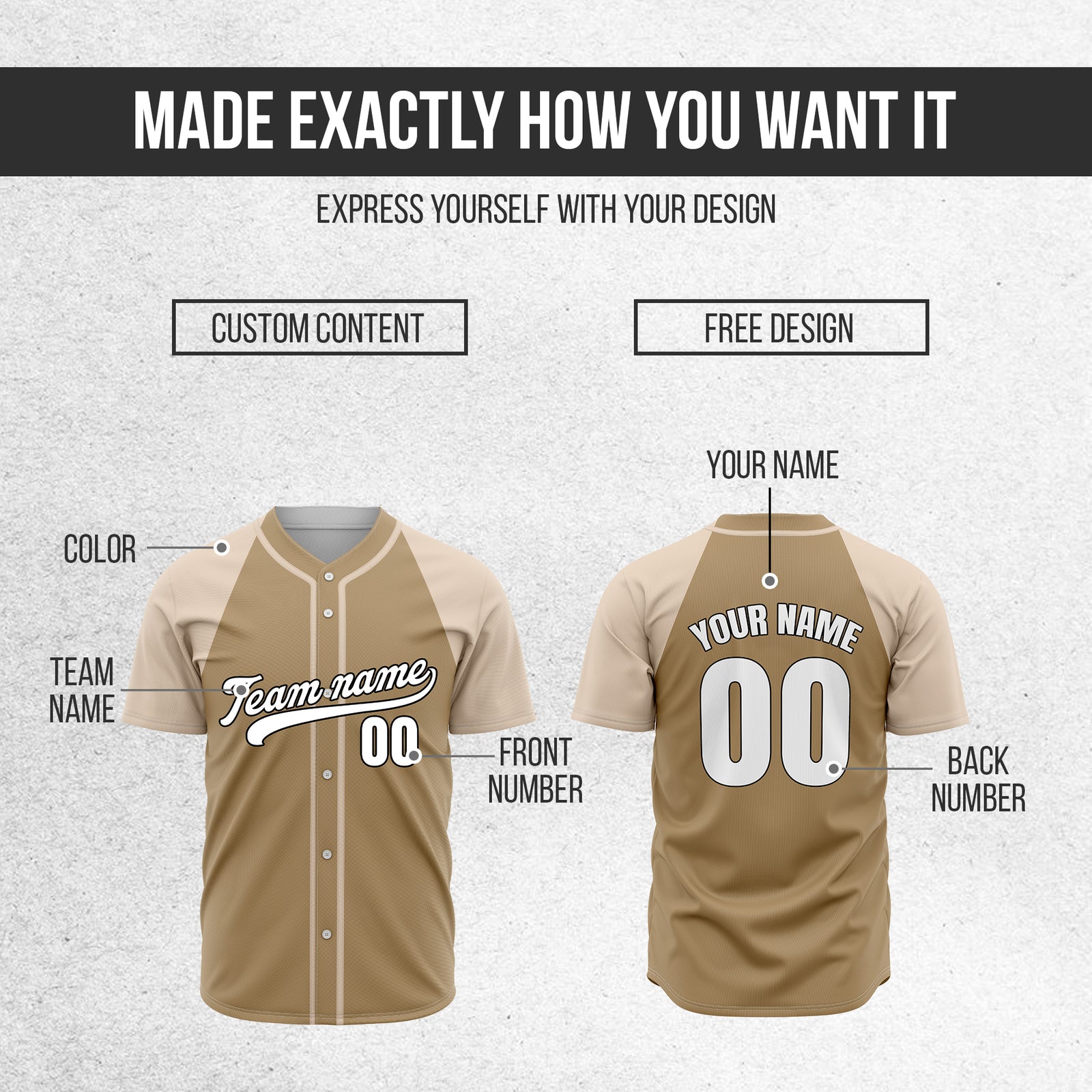 Custom Baseline Baseball Khaki Sports Jersey Personalized Uniform with Name & Number