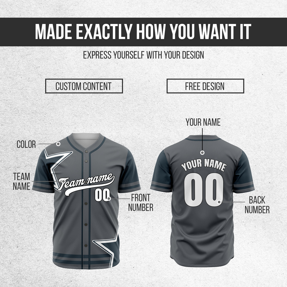 Custom Star Classic Baseball Dark Grey Sports Jersey Personalized Uniform with Name & Number