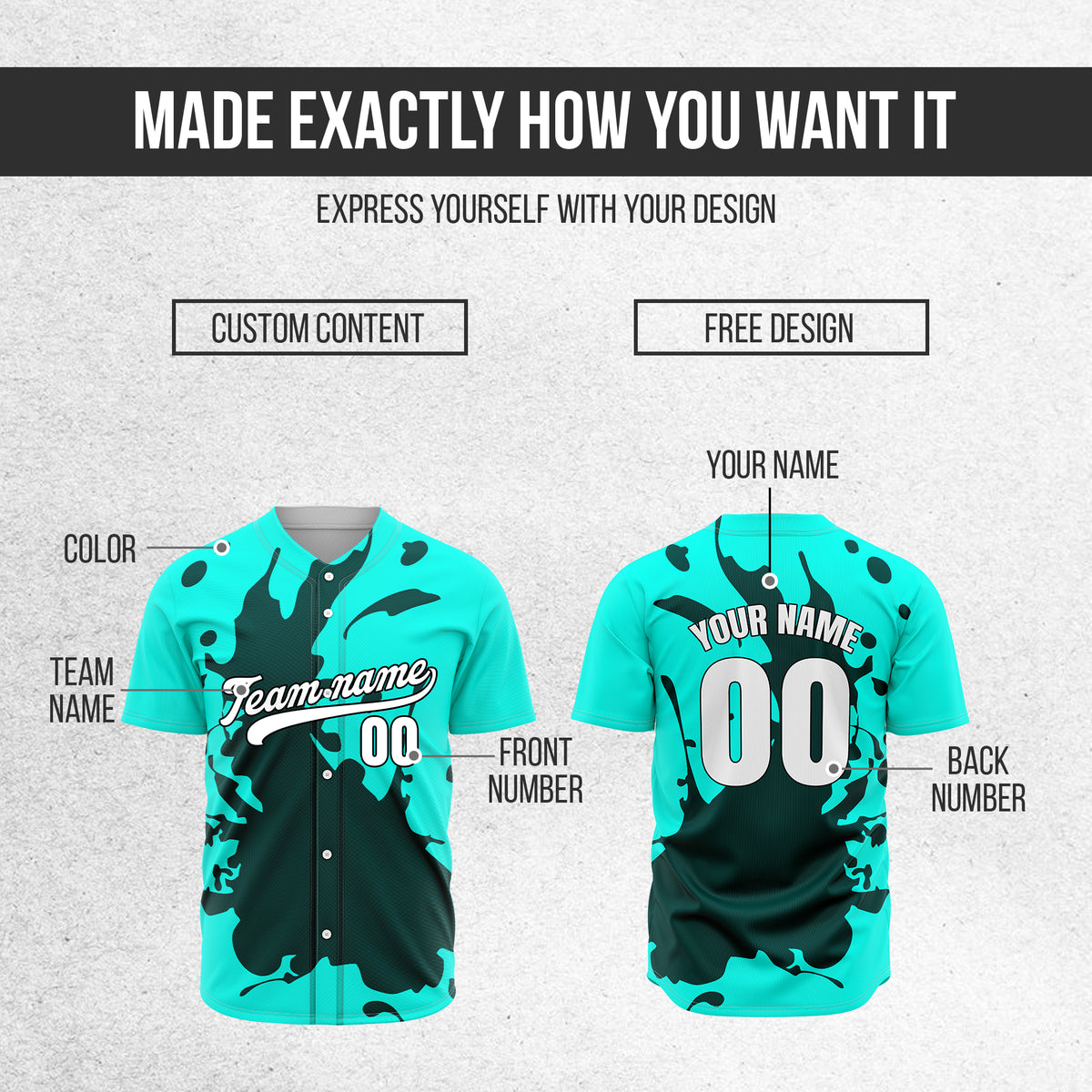 Custom Ink Splash Aqua Baseball Sports Jersey Personalized Uniform with Name & Number