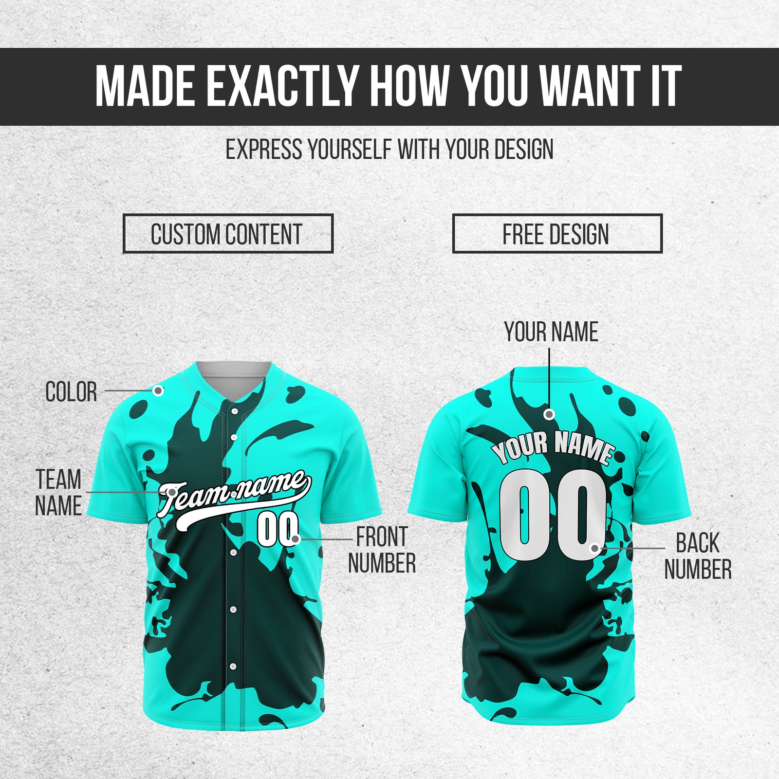 Custom Ink Splash Aqua Baseball Sports Jersey Personalized Uniform with Name & Number