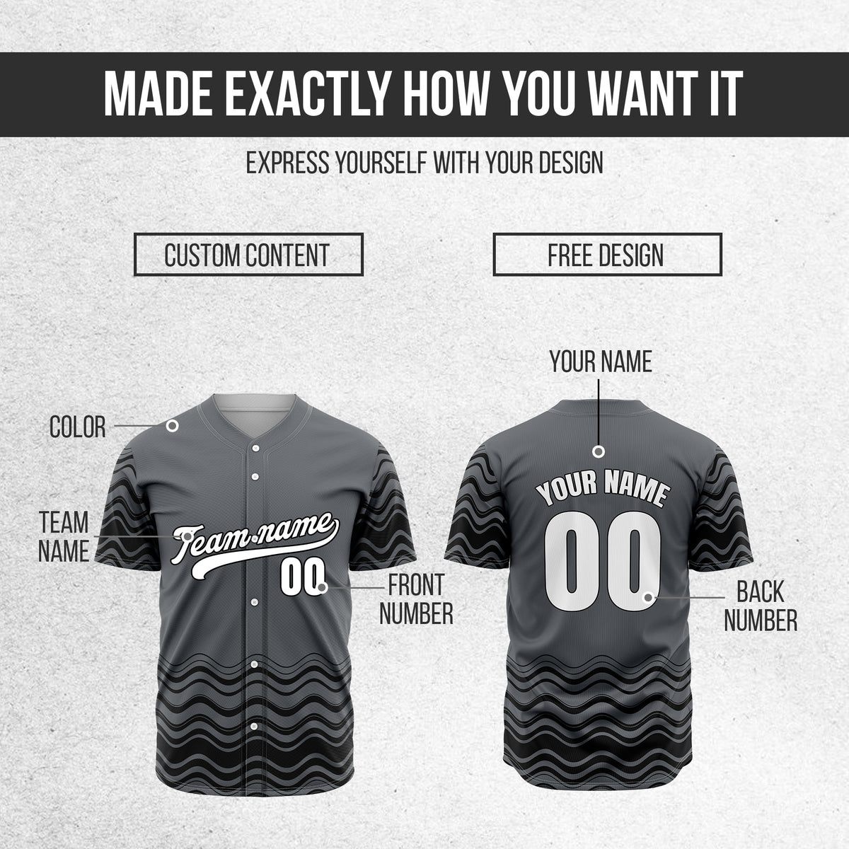 Custom Wave Dark Grey Baseball Sports Jerseys Personalized Uniform with Name & Number