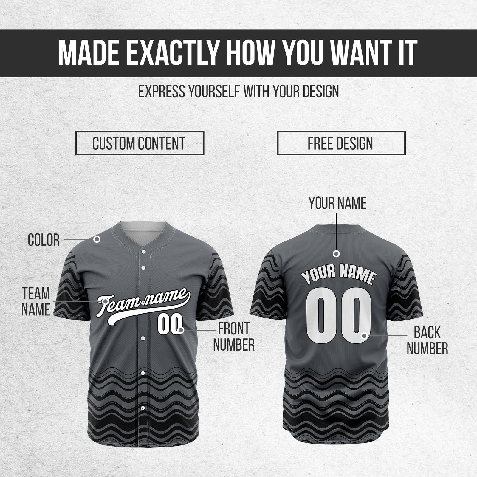 Custom Wave Dark Grey Baseball Sports Jerseys Personalized Uniform with Name & Number
