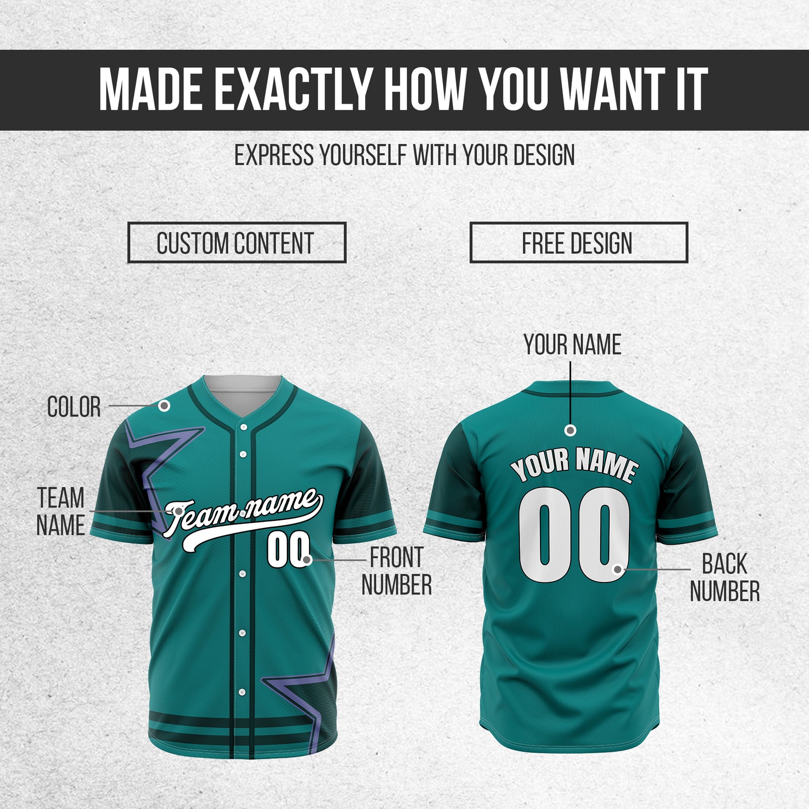 Custom Star Classic Baseball Teal Sports Jersey Personalized Uniform with Name & Number