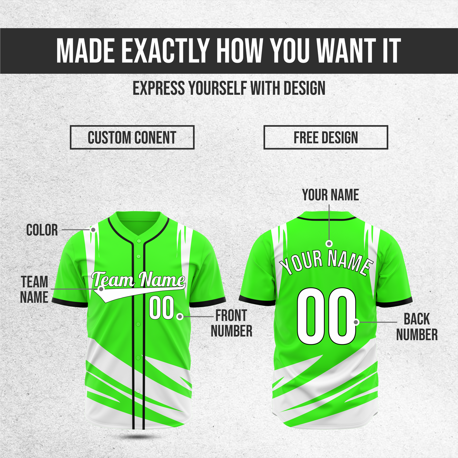 Custom Curve Edge Baseball Neon Green Sports Jersey Personalized Uniform with Name & Number