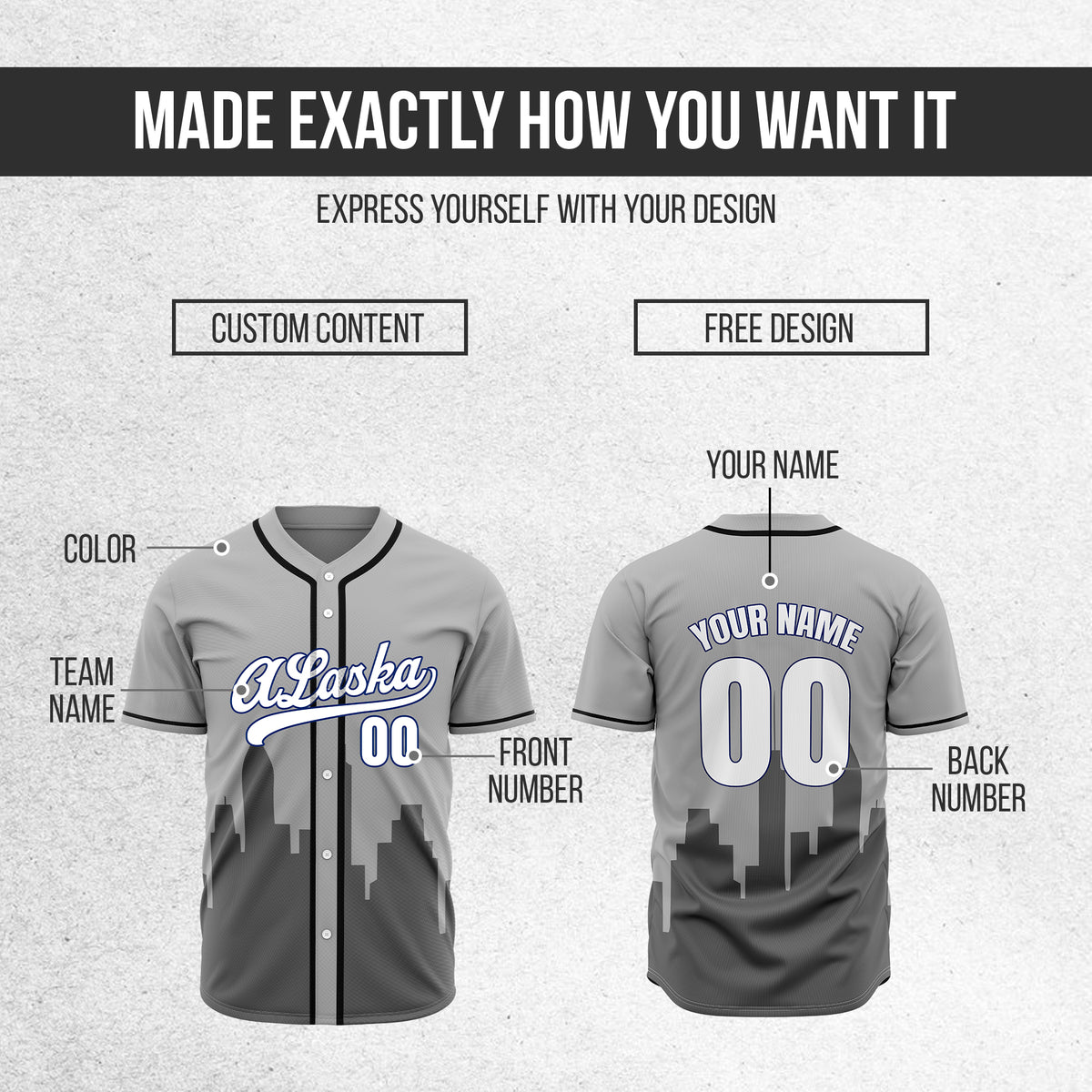 Custom City Horizon Grey Baseball Sports Jersey Personalized Uniform with Name & Number