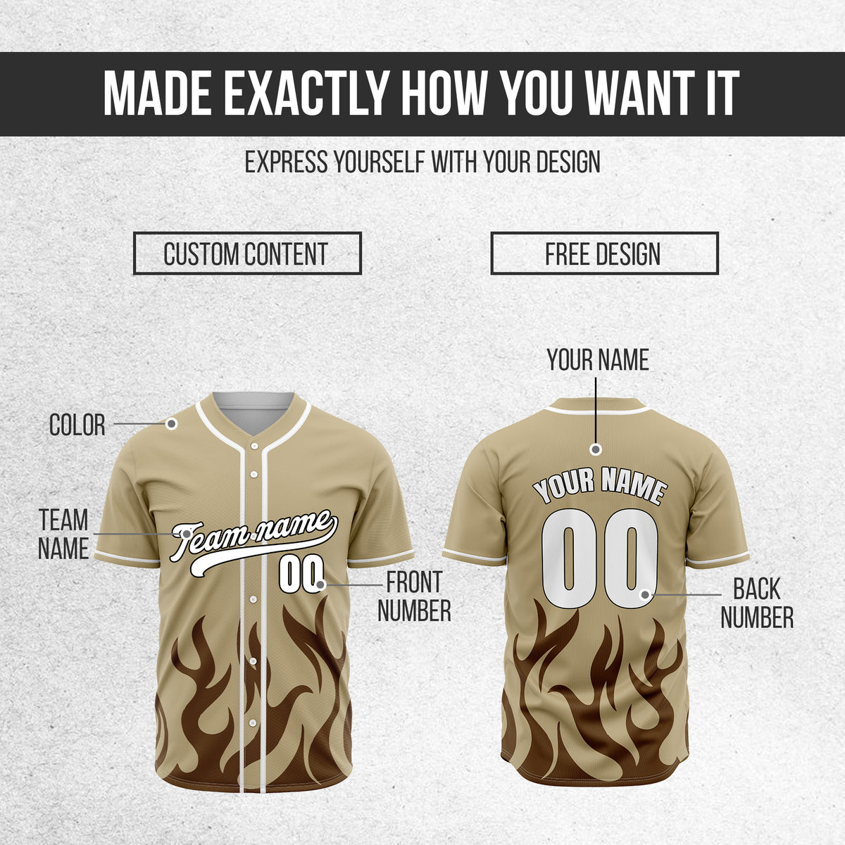 Custom Burnout Khaki Baseball Sports Jersey Personalized Uniform with Name & Number