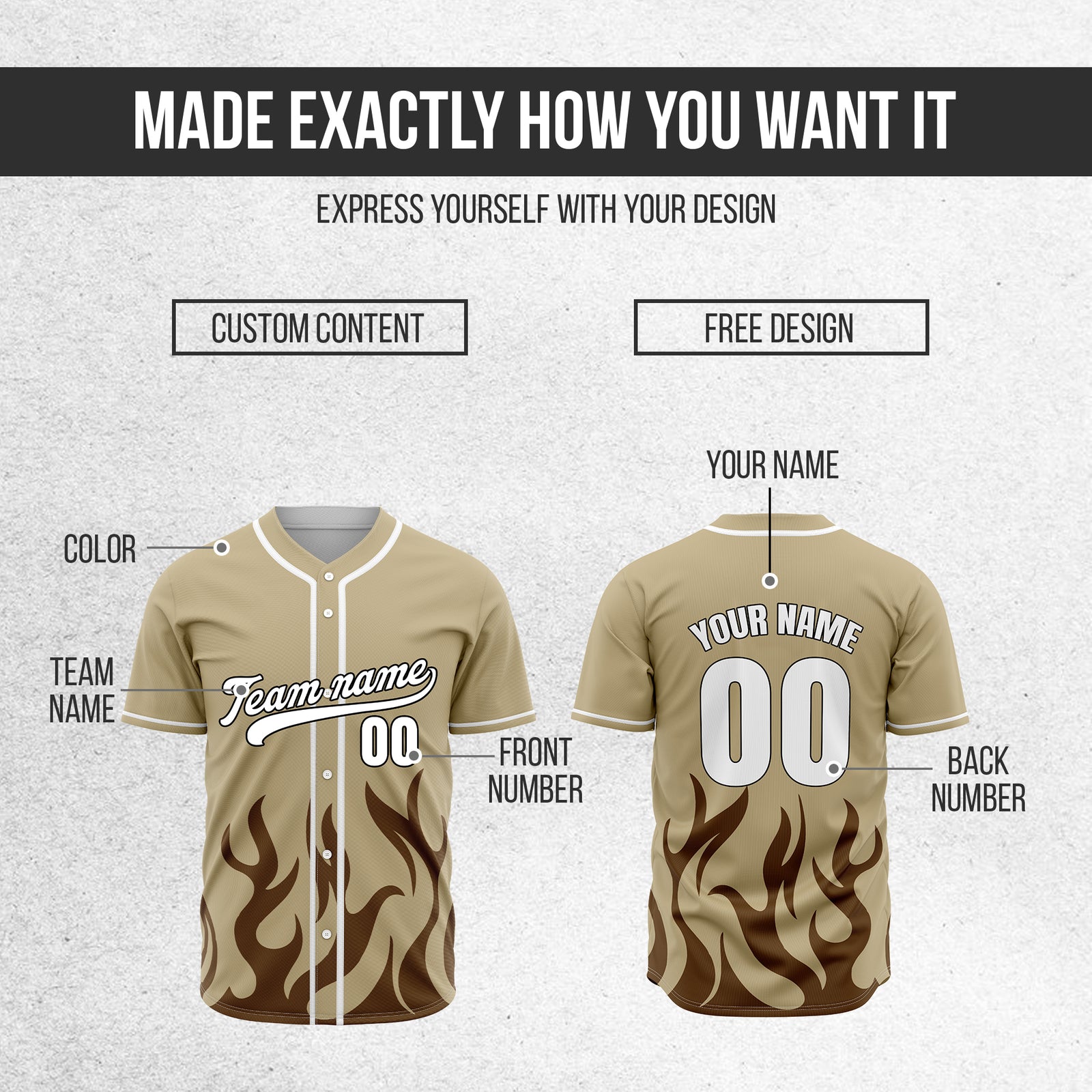 Custom Burnout Khaki Baseball Sports Jersey Personalized Uniform with Name & Number