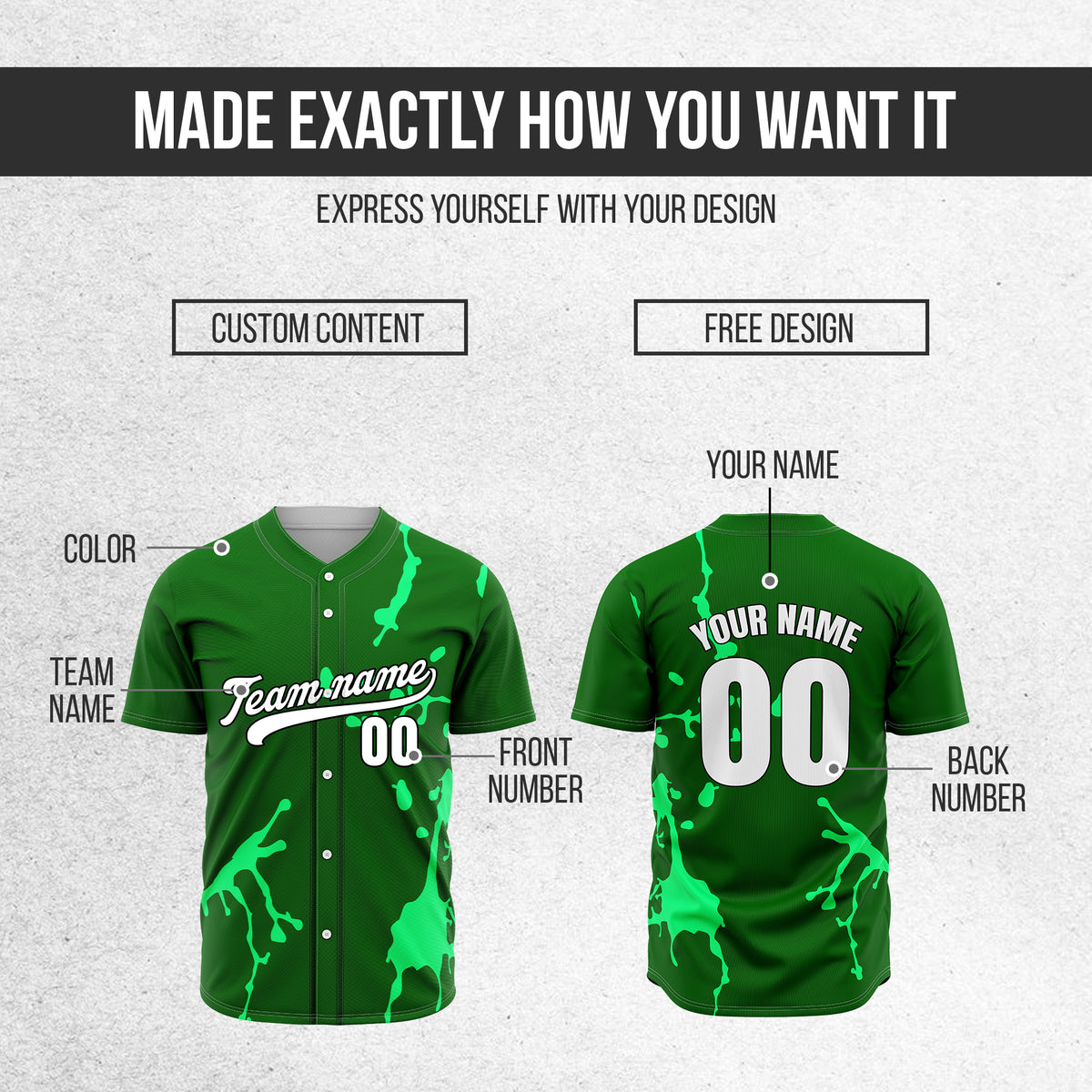 Custom Ink Paint Pop Green Baseball Sports Jersey Personalized Uniform with Name & Number