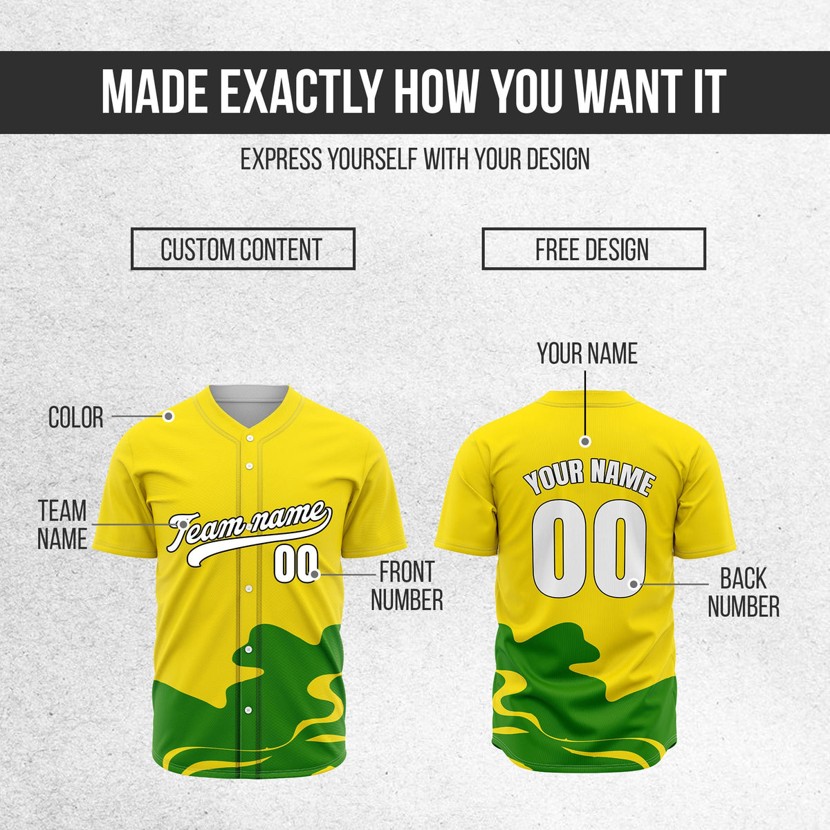 Custom Yellow Baseball Wave Sports Jersey Personalized Uniform with Name & Number