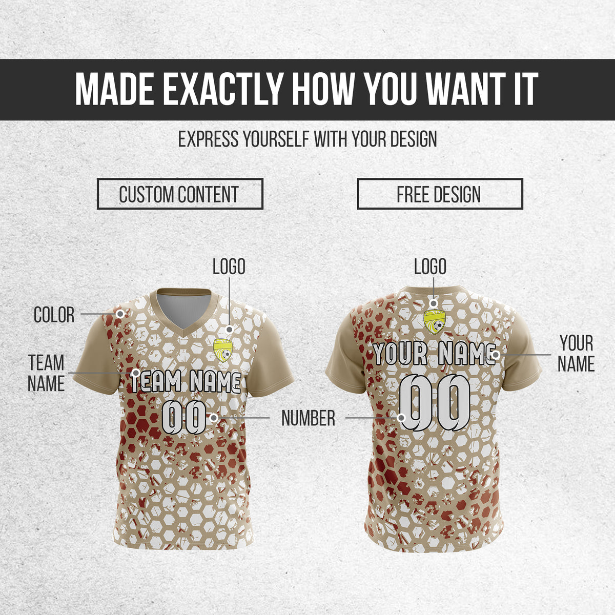 Custom Hex V-Full Pattern khaki Soccer sport Tops Jersey