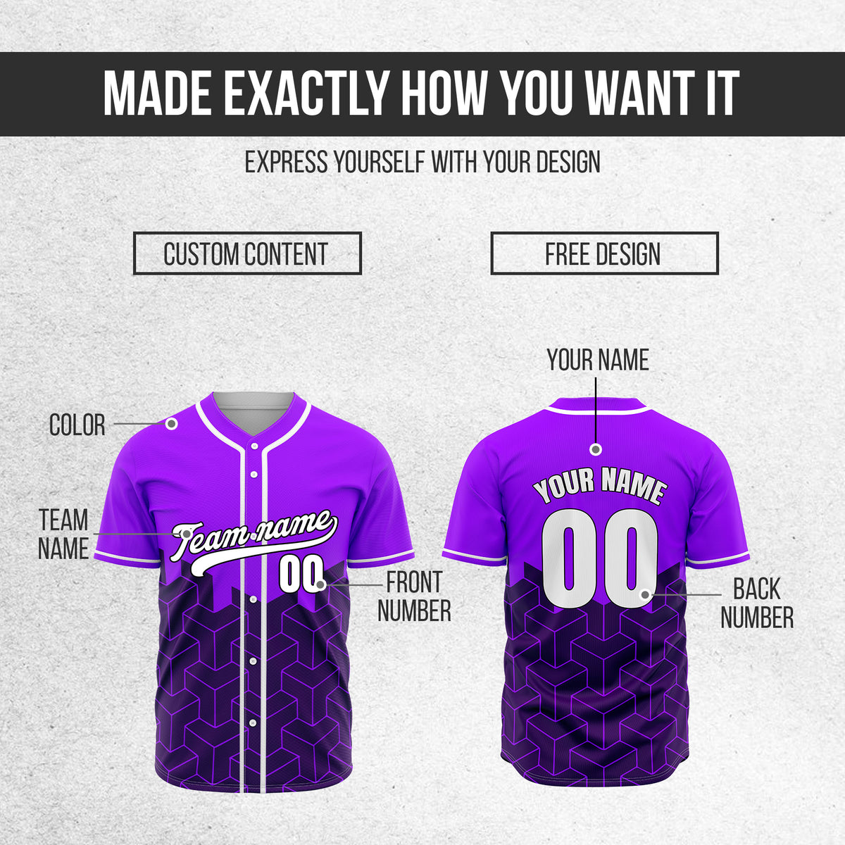 Custom Grid Iron Purple Baseball Sports Jersey Personalized Uniform with Name & Number