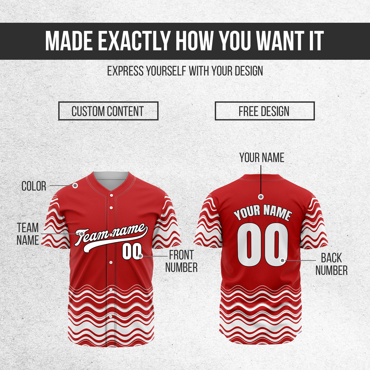 Custom Wave Red Baseball Sports Jerseys Personalized Uniform with Name & Number