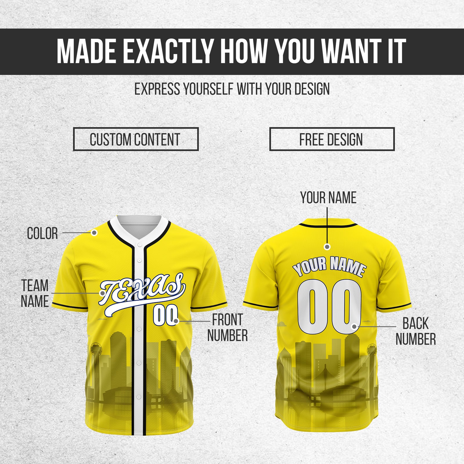 Custom City Lights Yellow Baseball Sports Jersey Personalized Uniform with Name & Number