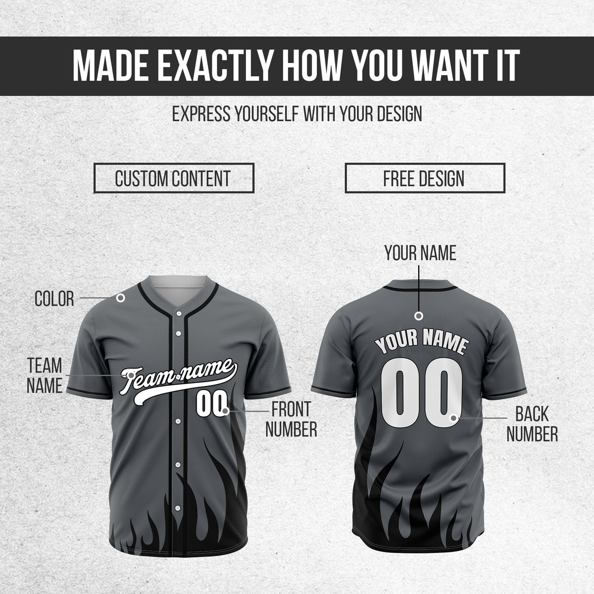 Custom Fire Pulse Dark Grey Baseball Sports Jersey Personalized Uniform with Name & Number