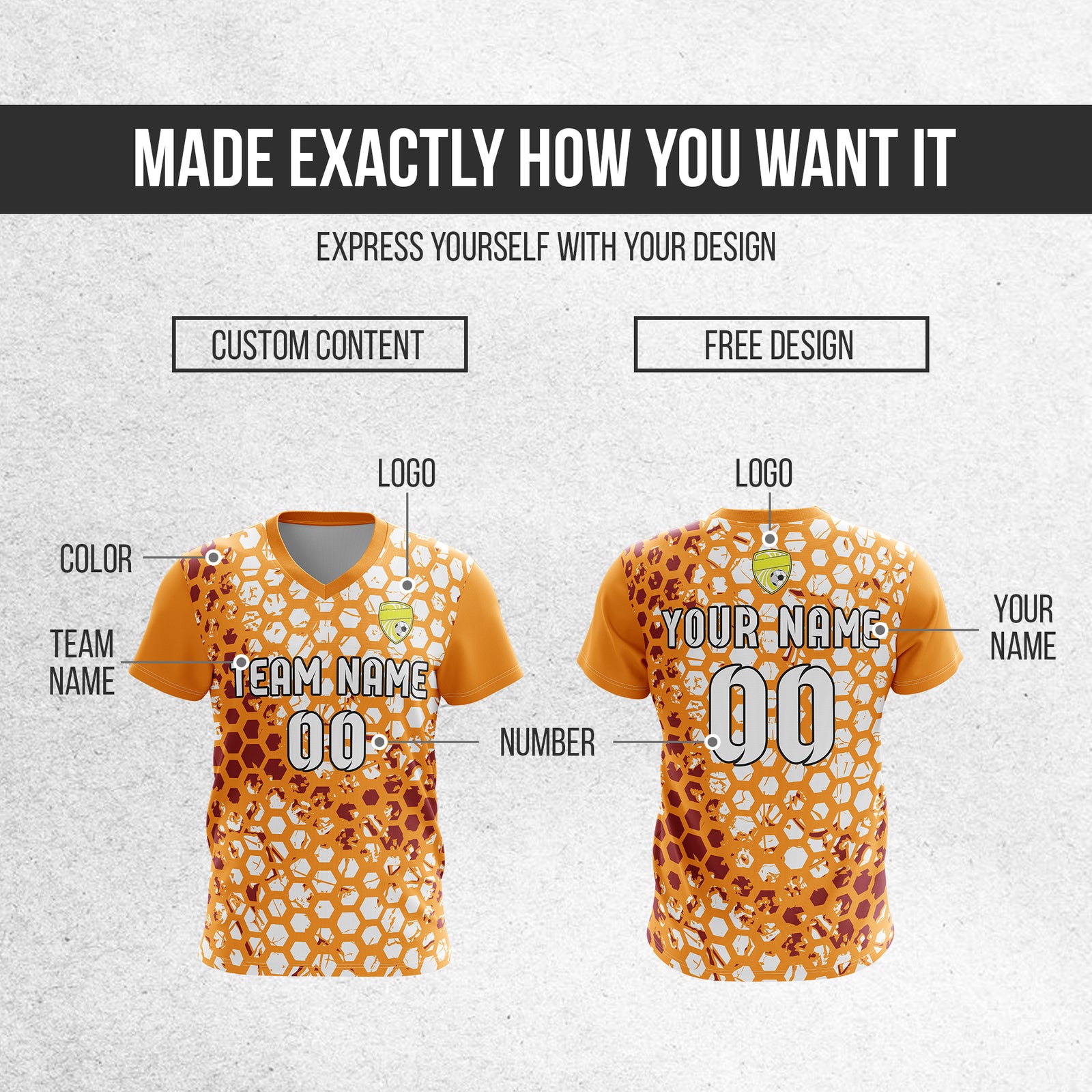 Custom Hex V-Full Pattern Orange Soccer sport Tops Jersey