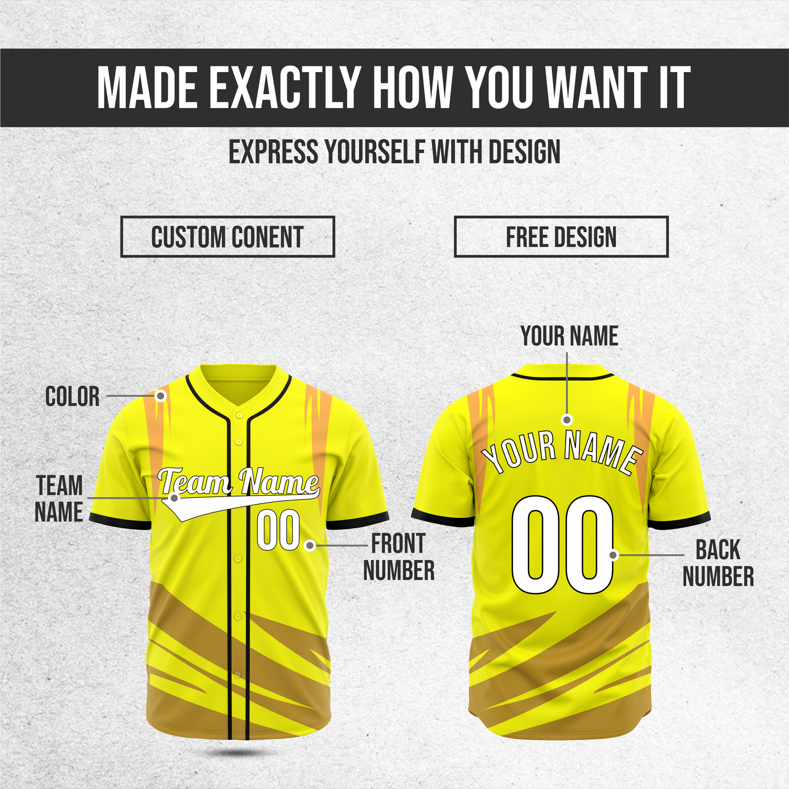 Custom Curve Edge Baseball Yellow Sports Jersey Personalized Uniform with Name & Number