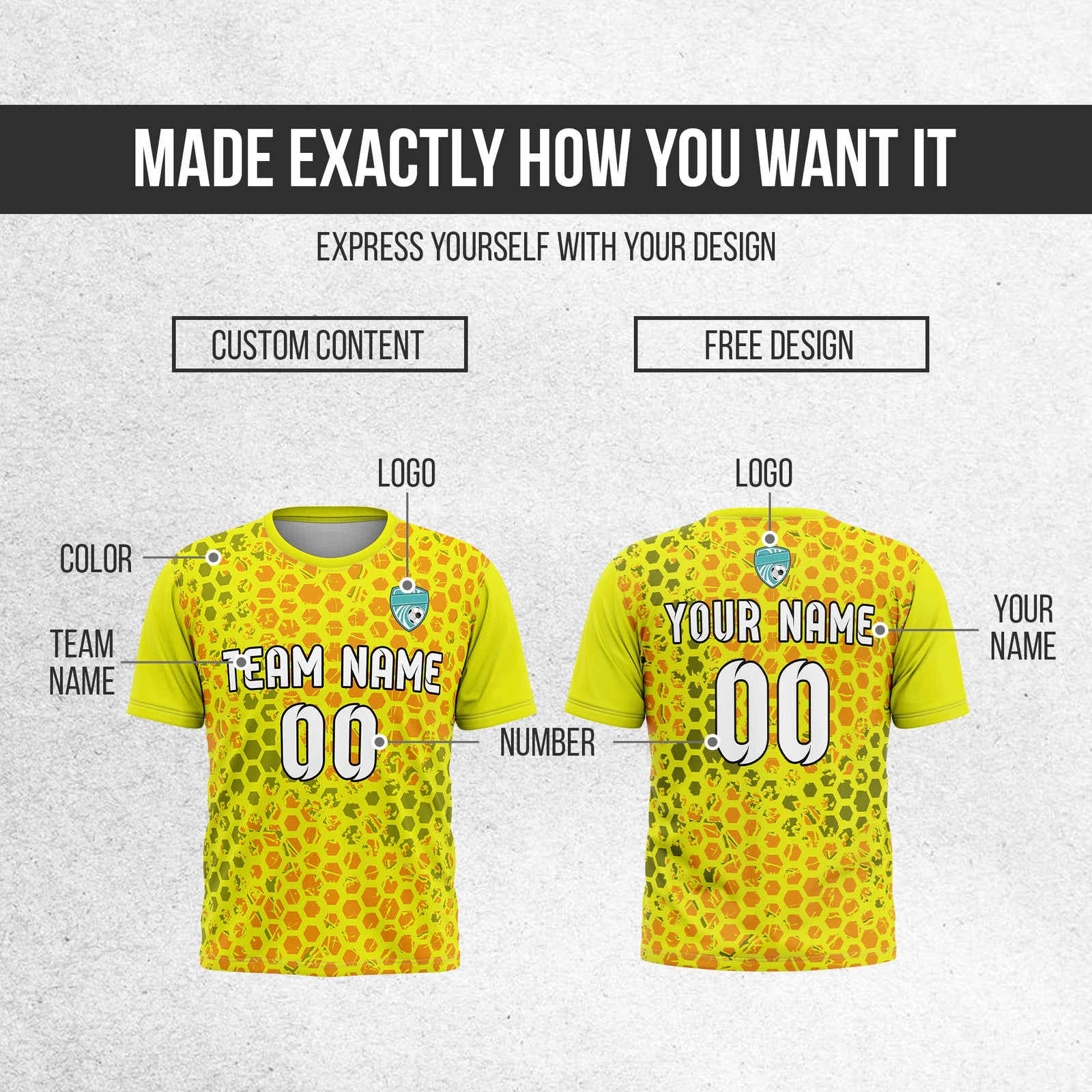 Custom Hex R-Full Pattern Soccer Yellow Sport Tops Jersey