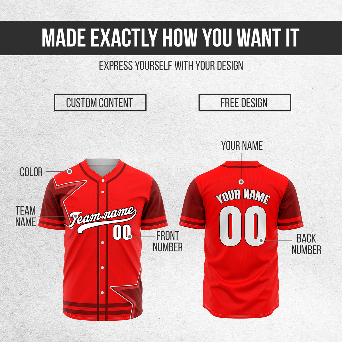 Custom Star Classic Baseball Red Sports Jersey Personalized Uniform with Name & Number