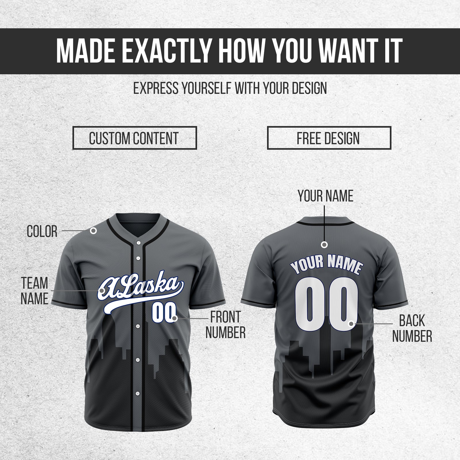 Custom City Horizon Dark Grey Baseball Sports Jersey Personalized Uniform with Name & Number