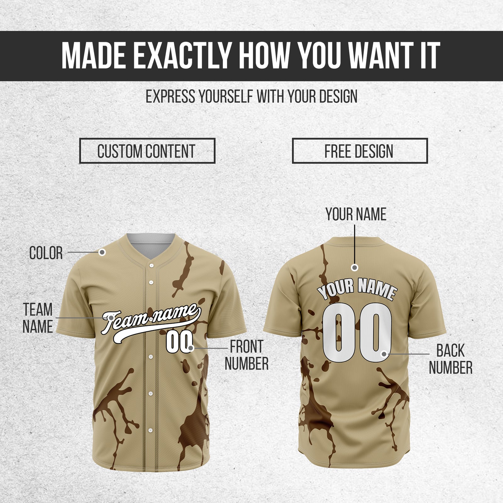 Custom Ink Paint Pop Khaki Baseball Sports Jersey Personalized Uniform with Name & Number